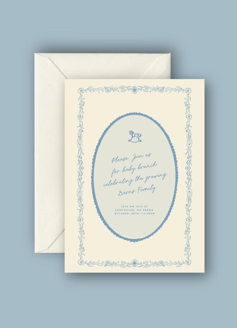May include: Baby brunch invitation with a cream background and blue floral border. The invitation has an oval center with a rocking horse illustration and text that reads "Please Join us for baby brunch celebrating the growing Barns Family."