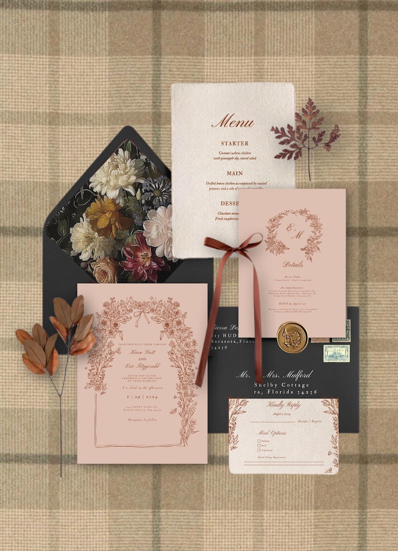 May include: A blush pink wedding invitation suite with a floral border in copper foil. The invitation features the couple's names and wedding date. The RSVP card includes a floral design and a section for guests to indicate their meal preference. The menu card features a copper foil floral wreath with the couple's initials and the word "Details".