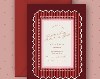 Galentine’s Party Invitation | Burgincdy stripe Doily Valentine Invite | Girls Night Galentines Party | Editable Canva 5x7 Template
