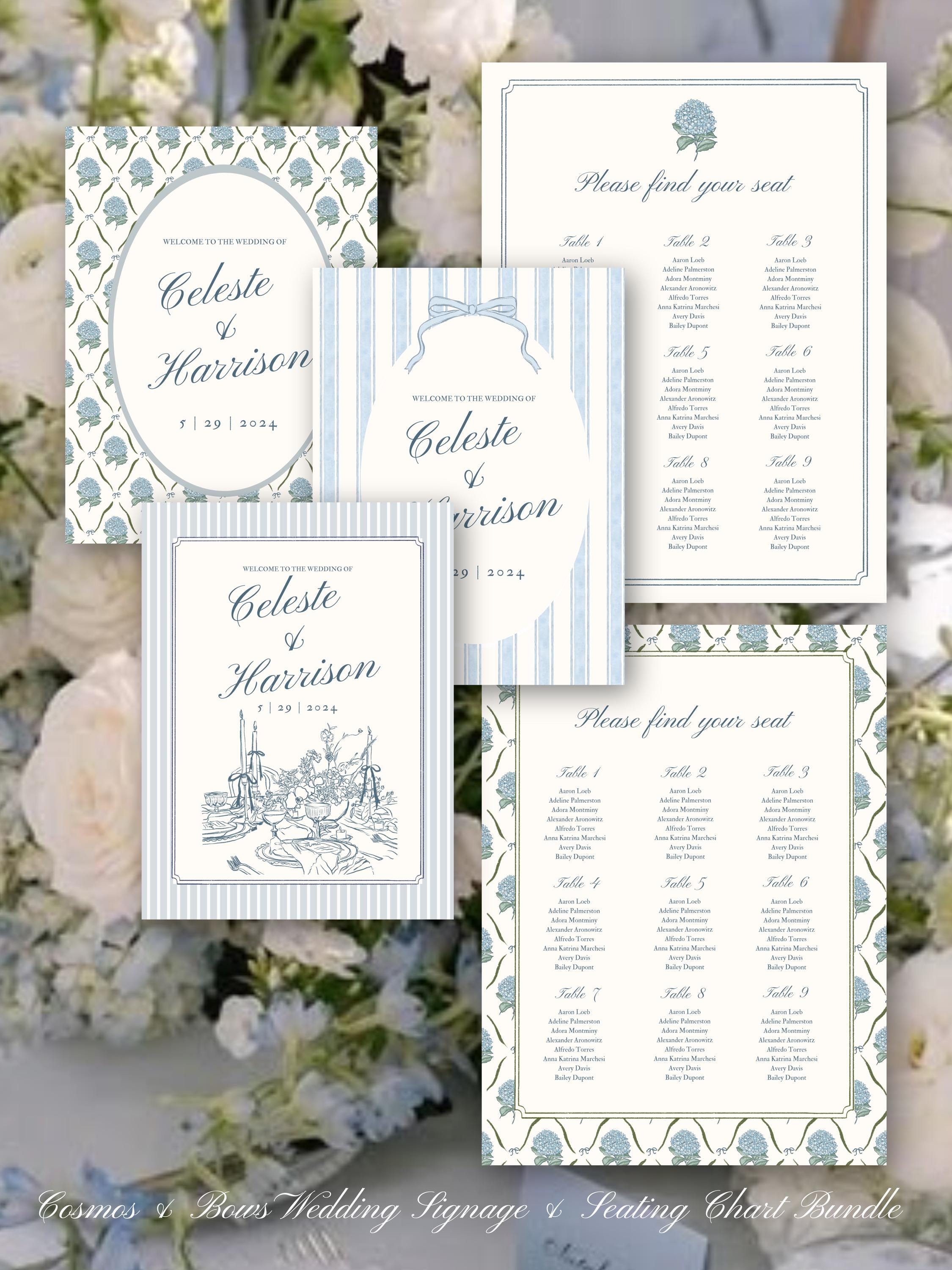 Editable Blue Hydrangea Wedding Welcome Sign | Seating Chart | Garden Wedding | Coquette Wedding | Editable Canva Template