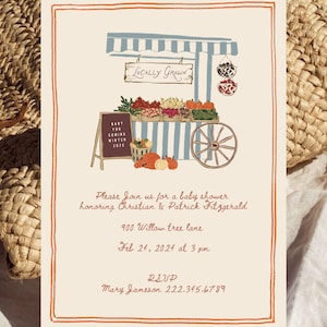 Könnte beinhalten: Einladung zur Babyparty mit einer handgezeichneten Illustration eines Marktstandes. Der Text lautet "Locally Grown" über dem Stand und "Baby Yoo Coming Winter 2025" auf einer kleinen Tafel. Die Einladung enthält Datum, Uhrzeit und Ort.