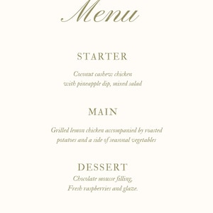 May include: A menu with a list of food items: Coconut cashew chicken with pineapple dip, mixed salad, Grilled lemon chicken accompanied by roasted potatoes and a side of seasonal vegetables, Chocolate mousse filling, Fresh raspberries and glaze.