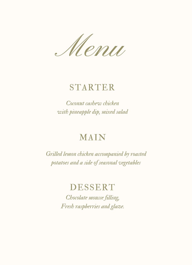 May include: A menu with a list of food items: Coconut cashew chicken with pineapple dip, mixed salad, Grilled lemon chicken accompanied by roasted potatoes and a side of seasonal vegetables, Chocolate mousse filling, Fresh raspberries and glaze.