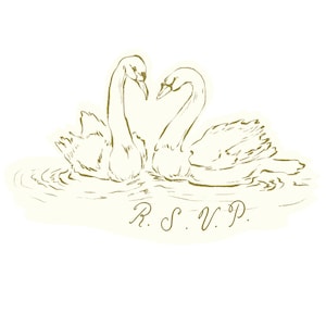 May include: An illustration of two swans facing each other, forming a heart shape with their necks. The swans are in a body of water, with the letters "R.S.V.P." below them. The image has a vintage, hand-drawn style.