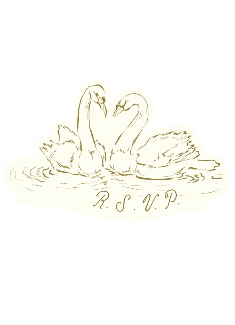 May include: An illustration of two swans facing each other, forming a heart shape with their necks. The swans are in a body of water, with the letters "R.S.V.P." below them. The image has a vintage, hand-drawn style.