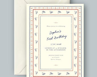 Parisian Floral Silk Scarf Invite | French Botanical Birthday Invitation | Blue Red First Birthday Canva Template | Editable Canva Template