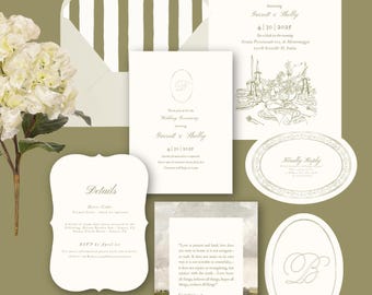 May include: Elegant wedding invitation suite featuring various cards with calligraphy and illustrations. Includes an invitation, RSVP card, details card, and a card with a landscape painting and text. The color palette is soft, with ivory and olive green accents.