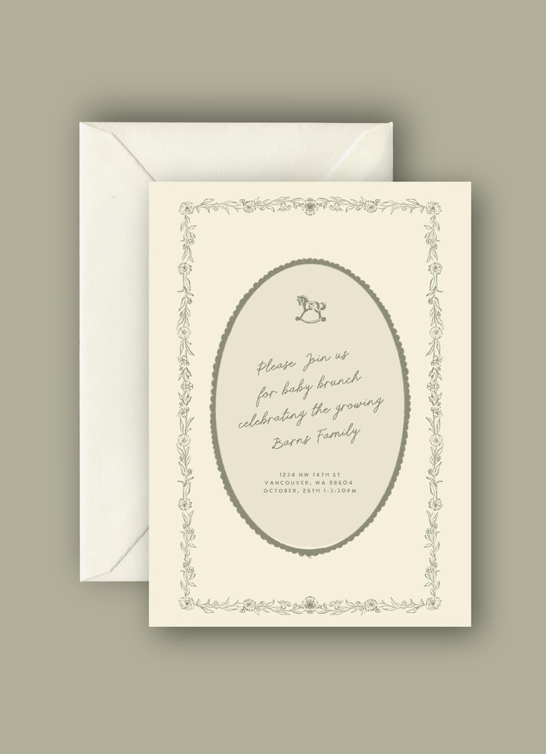 May include: Cream-colored baby brunch invitation with an oval frame and floral border. The text reads "Please Join us for baby brunch celebrating the growing Barns Family." Includes address and time details.