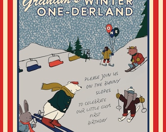 Winter ONE-derland 1st Birthday Invitation, Ski Theme, Editable Canva Template (Digital Download)