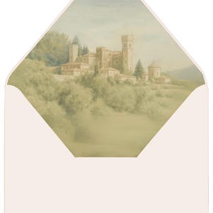 May include: A watercolor painting of a castle in a green landscape. The castle is a light brown color with a tall tower and a few smaller buildings. The landscape is a soft green with trees and bushes. The sky is a light blue with some clouds.