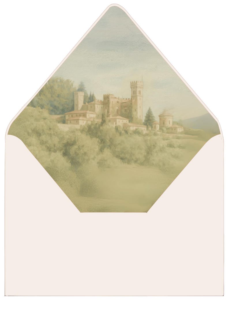 May include: A watercolor painting of a castle in a green landscape. The castle is a light brown color with a tall tower and a few smaller buildings. The landscape is a soft green with trees and bushes. The sky is a light blue with some clouds.