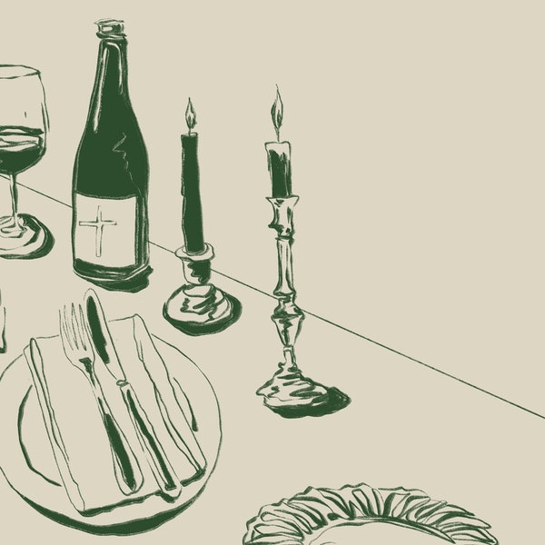 Hand Drawn French Inspired Table Setting Graphic | Bread and Wine and Candlesticks | Communion Inspired | 8x10