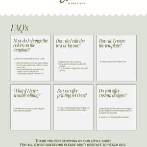 Puede incluir: Una hoja de preguntas frecuentes de dise&ntilde;o digital de Cierra Design Studio. La hoja tiene un fondo verde claro con cuadros de texto blancos. El texto incluye preguntas sobre c&oacute;mo cambiar los colores, editar el texto, cambiar el tama&ntilde;o de las plantillas y los servicios de impresi&oacute;n.