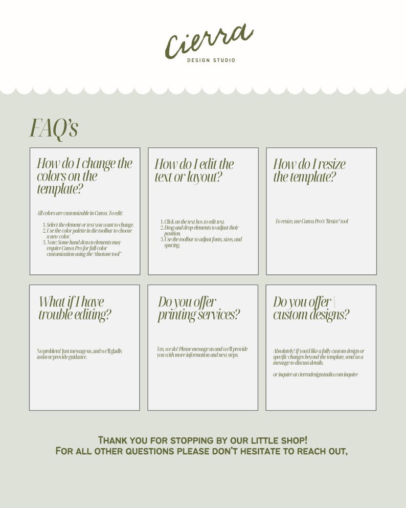 Puede incluir: Una hoja de preguntas frecuentes de dise&ntilde;o digital de Cierra Design Studio. La hoja tiene un fondo verde claro con cuadros de texto blancos. El texto incluye preguntas sobre c&oacute;mo cambiar los colores, editar el texto, cambiar el tama&ntilde;o de las plantillas y los servicios de impresi&oacute;n.