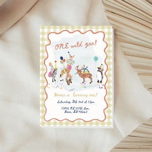 One Wild Zoo / Party Animal Invite! Inviti per la festa di compleanno di un anno / Modello modificabile / Nome personalizzato, data, dettagli