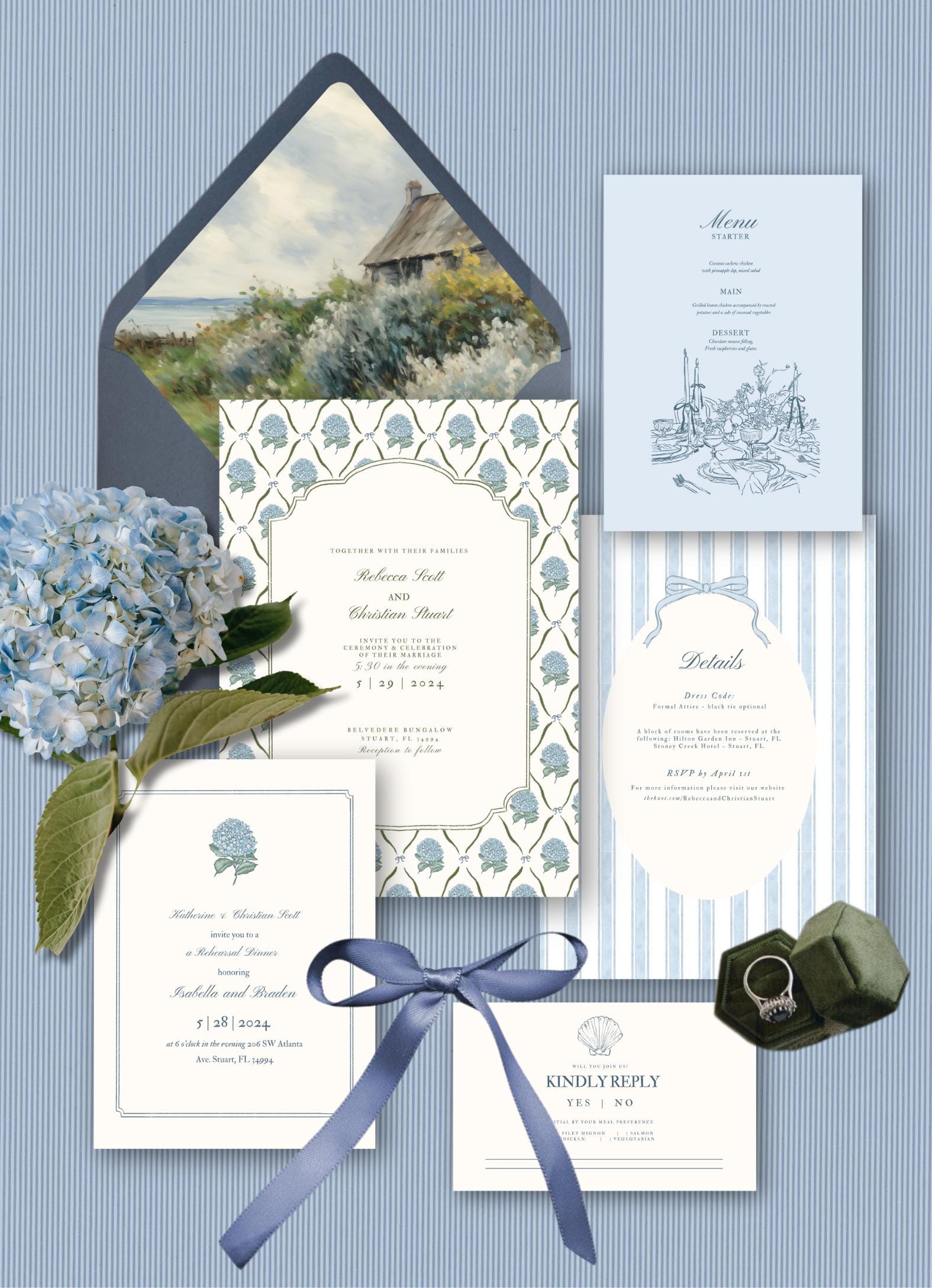 Coastal Hydrangea Wedding Invitation Suite | Coastal Bridal Shower Invite | CANVA Template | Digital Download | Cottage core Wedding