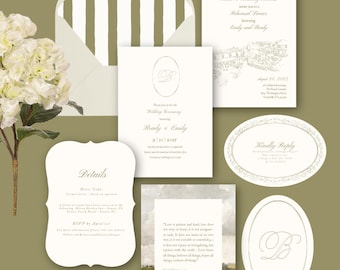 Classic Estate Wedding Invitation Template | Olive Green Wedding Suite | Elegant Garden Wedding Invite | Editable Wedding Canva Template