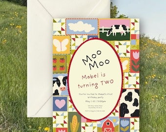 The Barnyard Quilt Farm Birthday Invitation Template, Cow Birthday Invite, Barnyard First Birthday Party, Editable Canva Template