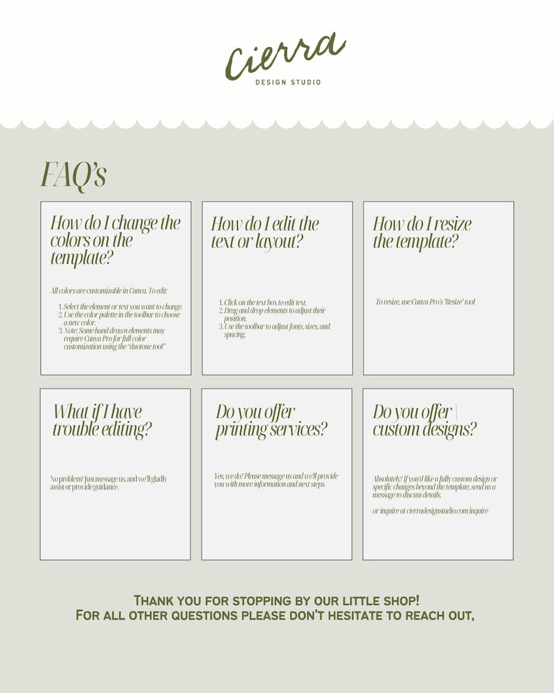 May include: A digital design FAQ sheet from Cierra Design Studio. The sheet has six sections with questions and answers about editing templates, changing colors, and resizing. The text is in a serif font on a light green background.
