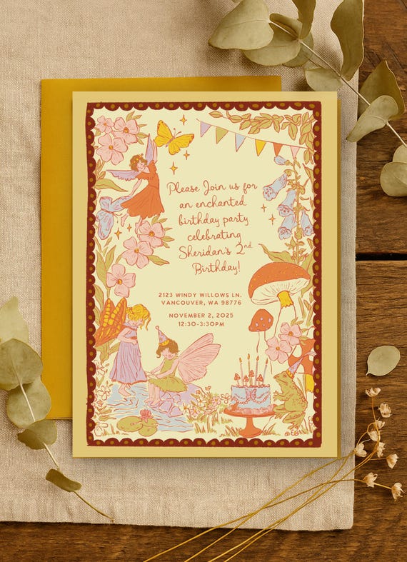 Autumn Whimsical Woodland Fairy First Birthday Invitation | Enchanted Forest Theme | Girl’s Fairy Birthday Party | Editable Template