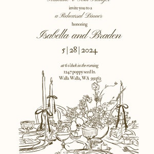 May include: A black and white illustration of a table setting with candles, flowers, and glasses. The text on the invitation reads "Kathrine & Tom Granger invite you to a Rehearsal Dinner honoring Isabella and Braden 5|28|2024 at 6 o'clock in the evening 1247 poppy seed In. Walla Walla, WA 99362"