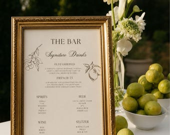 Classic Handsketched Cocktail Bar Menu Template, Wedding Bar Menu, Signature Drinks Menu, Botanical Cocktail Sign, Editable Canva Template