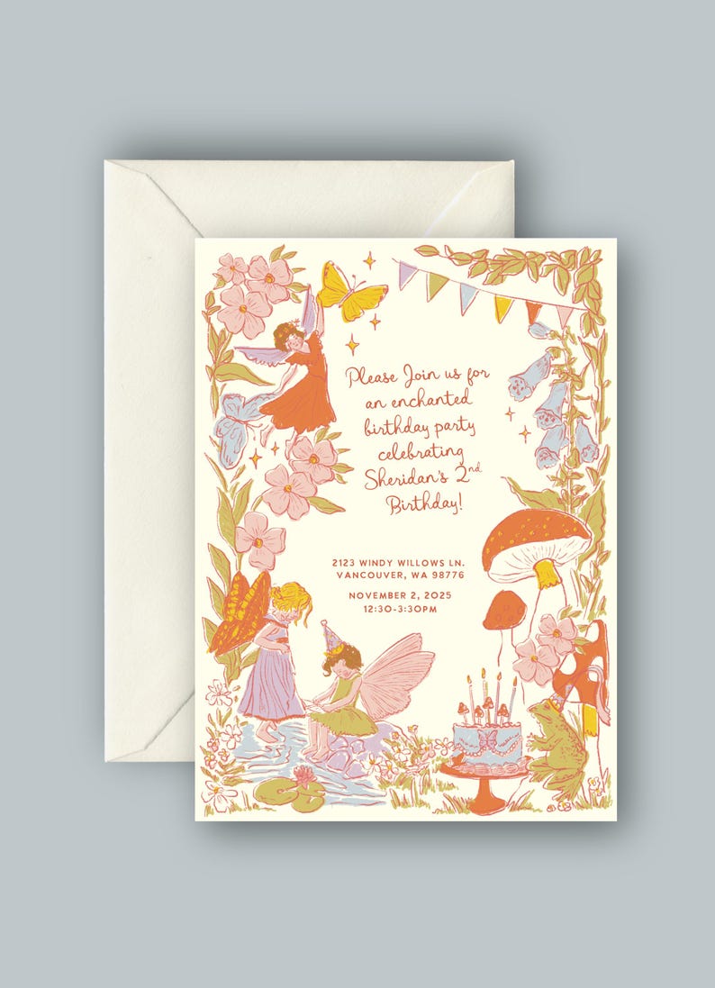 Puede incluir: Una invitaci&oacute;n para una fiesta de cumplea&ntilde;os, con ilustraciones de hadas, mariposas y flores. El texto dice: "&iexcl;&Uacute;nase a nosotros para una fiesta de cumplea&ntilde;os encantada celebrando el 2&ordm; cumplea&ntilde;os de Sheridan!" con detalles del evento.