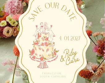 Whimsical Floral Save the Date | Illustrated Wedding Cake Save the Date Template | Editable Canva Wedding Announcement