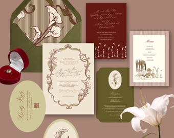 Botanical Calla Lily Wedding Invitation Suite – Burgundy and Green, Editable Canva Template
