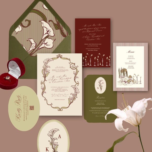 Botanische Calla Lilie Hochzeitseinladung - Burgund und Grün, bearbeitbare Canva-Vorlage