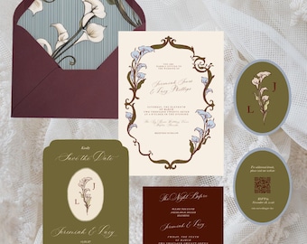 Botanical Calla Lily Burgundy & Blue Wedding Invitation Suite | Art Nouveau Wedding Invite Template | Editable Canva Wedding Template