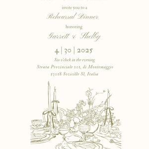 May include: A hand-drawn illustration of a wedding rehearsal dinner invitation. The invitation features a table setting with candles, flowers, and place settings. The text on the invitation reads "Brett & Charlotte Candalot invite you to a Rehearsal Dinner honoring Garrett & Shelby 4/30/2025 Six o'clock in the evening Strata Provinciale 101, di Montemaggio 53018 Sovicille Sl, Italia"