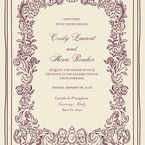 May include: An elegant wedding invitation with a cream background and ornate burgundy floral border. The invitation includes the names Cecily Laurent and Henri Boucher, along with the wedding date, location, and dress code.