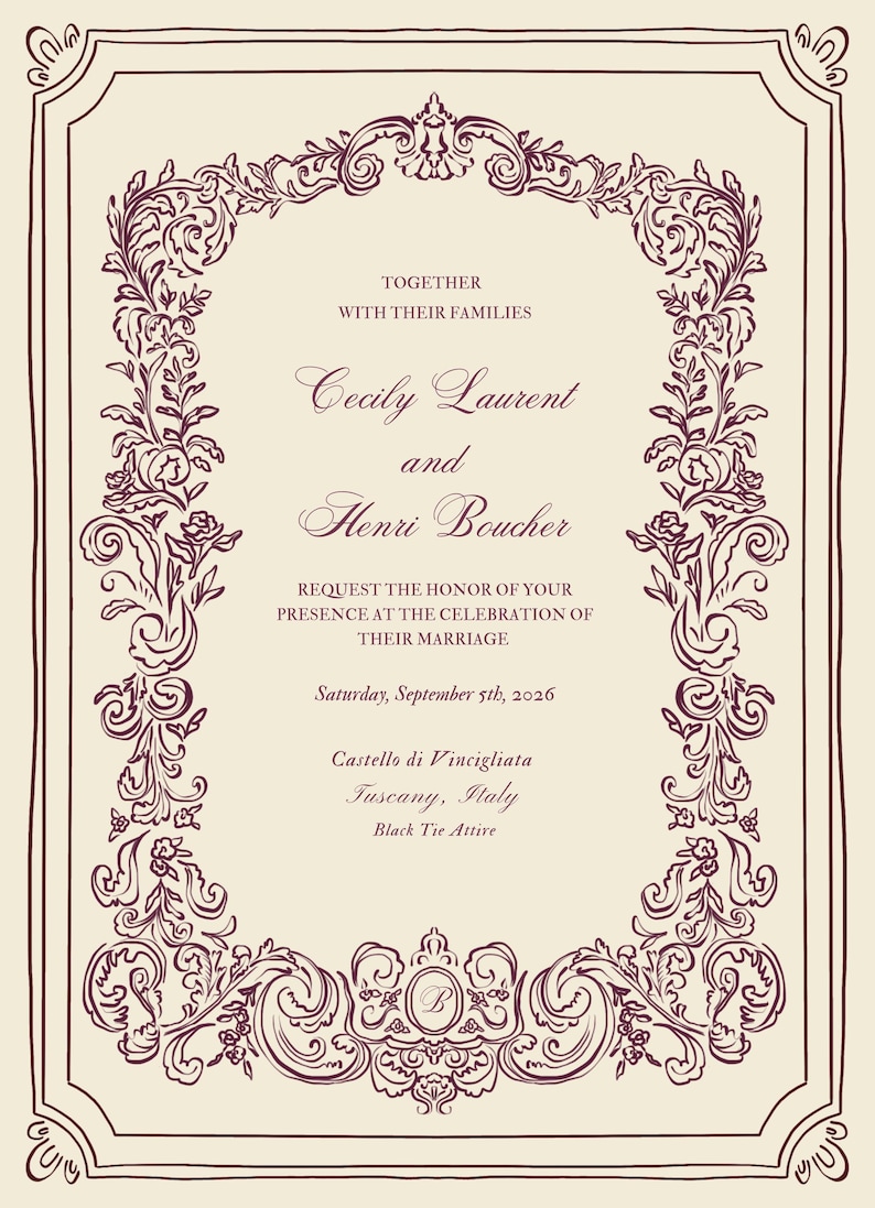 May include: An elegant wedding invitation with a cream background and ornate burgundy floral border. The invitation includes the names Cecily Laurent and Henri Boucher, along with the wedding date, location, and dress code.