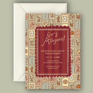 May include: An invitation card with a cream envelope. The card features a patterned background of Mahjong tiles. The center has a burgundy frame with the words "Let's Mahjong!" and event details.