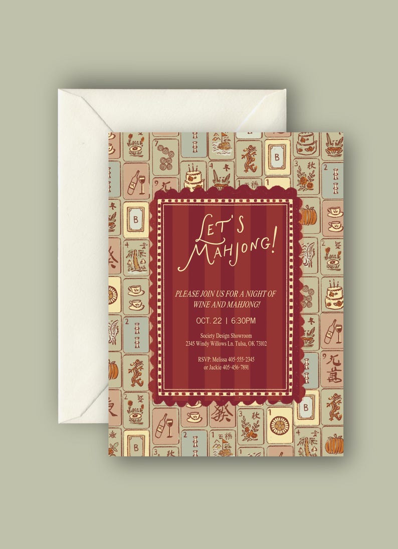 May include: An invitation card with a cream envelope. The card features a patterned background of Mahjong tiles. The center has a burgundy frame with the words "Let's Mahjong!" and event details.