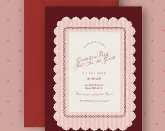 Galentine’s Party Invitation | Pink Doily Valentine Invite | Girls Night Galentines Party | Editable Canva 5x7 Template