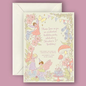 May include: An invitation for a 2nd birthday party with a whimsical fairy theme. The design features illustrations of fairies, flowers, butterflies, and a birthday cake. The text reads "Please Join us for an enchanted birthday party celebrating Sheridan's 2nd Birthday!"