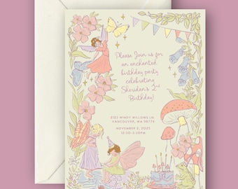 Invitación de primer cumpleaños de hada del bosque con temática de primavera / Tema del bosque encantado / Fiesta de cumpleaños de hada para niña / Plantilla editable