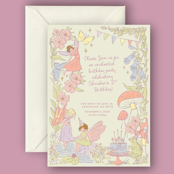 Spring Whimsical Woodland Fairy First Birthday Invitation | Enchanted Forest Theme | Girl’s Fairy Birthday Party | Editable Template