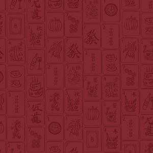 May include: A burgundy-colored pattern featuring various illustrated cards. The cards display images of cakes, wine bottles, teacups, and Chinese characters. The design is repeated across the surface.