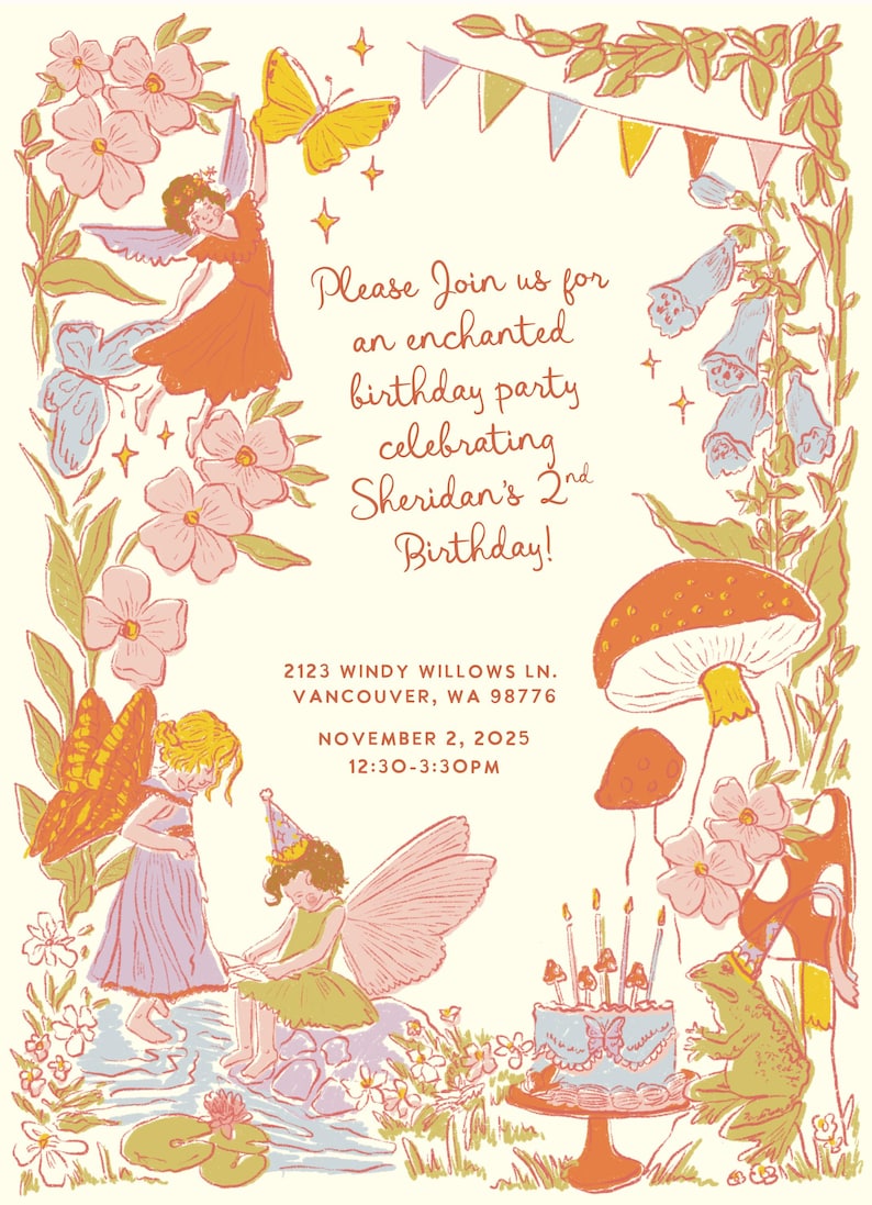Puede incluir: Invitaci&oacute;n ilustrada para una fiesta de cumplea&ntilde;os con tem&aacute;tica de hadas. El dise&ntilde;o presenta hadas, mariposas, flores y una tarta. El texto dice: "Please Join us for an enchanted birthday party celebrating Sheridan's 2nd Birthday!"