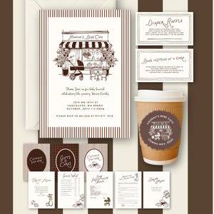 Peut inclure: Un ensemble de faire-part de baby shower sur le thème du café. L'invitation principale présente une illustration de café avec du texte. Des cartes supplémentaires incluent une tombola de couches, une demande de livre et des cartes de jeu. Une tasse à café avec un logo de café est également incluse.