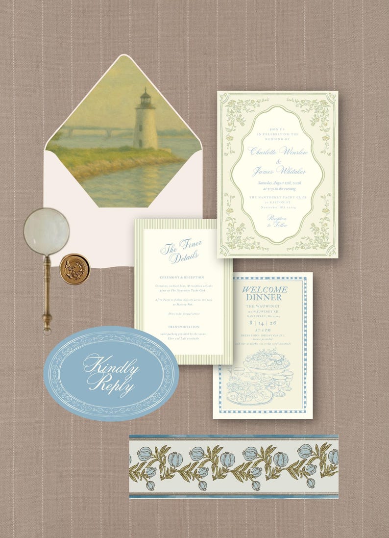 Nantucket Coastal Wedding Invitation Suite Template | Lighthouse ...