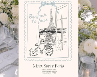 Bonjour to Four Party Invite | Paris Birthday Invitation | French Café 4th Birthday Canva Template | Eiffel Tower Party Invite +Welcome Sign