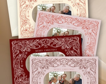 Whimsical Art Nouveau Christmas Card Template | Pink & Red Vintage Holiday Photo Card | Hand Sketched Canva Christmas Card
