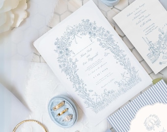 Plantilla de Canva con diseño cottagecore (descarga digital) para invitaciones de boda en azul polvoriento