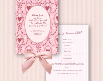 Pode incluir: Um convite rosa e vermelho com um padrão de corações e um laço rosa. O convite é para um brunch de Galentine para celebrar a beleza da feminilidade. O convite inclui a data, a hora e o local do evento. Também inclui uma lista do que trazer e extras.