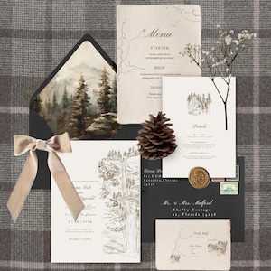 Berg Winter Hochzeitseinladungen - BUNDLE | Bearbeitbare Canva Vorlage | Digitaler Download | Winter-Kiefernwald Hochzeit