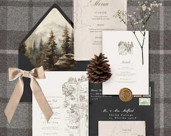 May include: A wedding invitation suite with a woodland theme. The invitation features a watercolor illustration of a forest with a mountain in the background. The RSVP card features a line drawing of a waterfall in a forest. The menu card features a line drawing of a map with the words "Menu" and "Starter", "Main", and "Dessert". The details card features a line drawing of a forest with the words "Details". The envelope is black with a white liner and a brown bow.